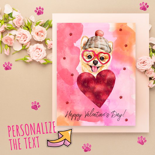 ピンクオレンジポメラニア犬バレンタインデイギフトドッグ シーズンポストカード