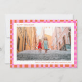 ピンクオレンジユニークレトロチェッカーボードツーフォト シーズンカード (正面)