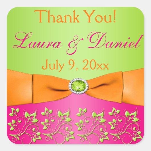 ピンクオレンジライムフローラ結婚式の引き出物シール2 スクエアシール (正面)