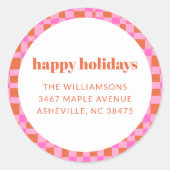 ピンクオレンジレトロシェイプズホリデー差出人住所 ラウンドシール (正面)