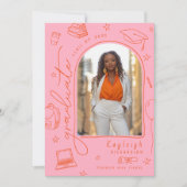 ピンクオレンジレトロ写真卒業発表 案内状 (正面)