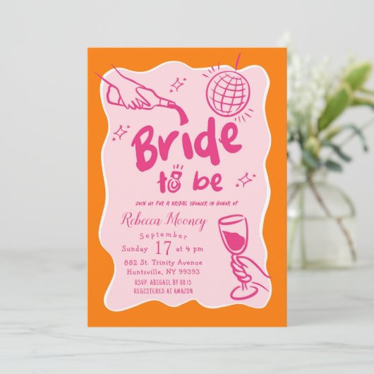 ピンクオレンジレトロ図解入りの、写真付きのブライダルシャワー 招待状 (スタンド正面)