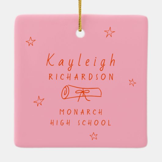 ピンクオレンジレトロ手描き写真卒業 セラミックオーナメント (裏面)