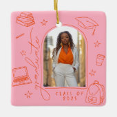 ピンクオレンジレトロ手描き写真卒業 セラミックオーナメント (正面)