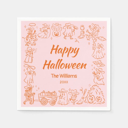 ピンクオレンジ予測できな色の手描きドードルハロウィーン スタンダードカクテルナプキン (正面)