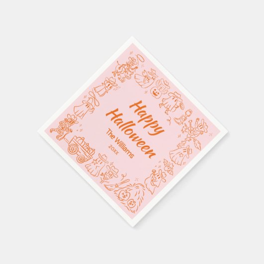 ピンクオレンジ予測できな色の手描きドードルハロウィーン スタンダードカクテルナプキン (角)