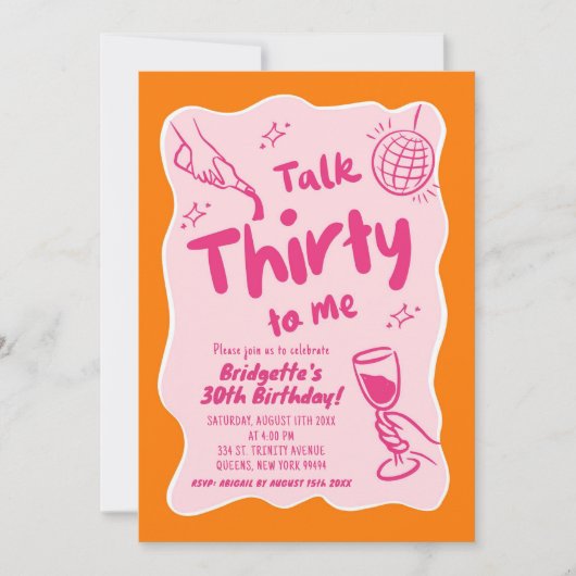 ピンクオレンジ図解入りの、写真付きのヴィンテージ30歳の誕生日 招待状 (正面)