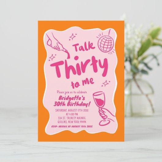 ピンクオレンジ図解入りの、写真付きのヴィンテージ30歳の誕生日 招待状 (スタンド正面)