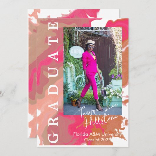 ピンクオレンジ大理石の卒業発表カード 招待状 (正面/裏面)