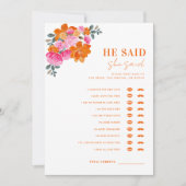 ピンクオレンジ彼は彼女はブライダルシャワーゲームを言った 招待状 (正面)