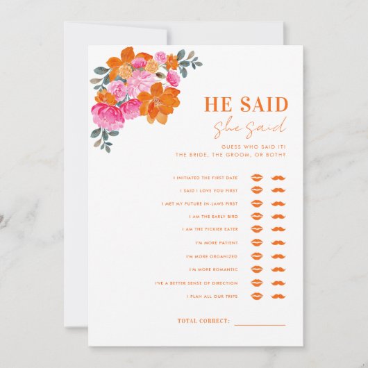 ピンクオレンジ彼は彼女はブライダルシャワーゲームを言った 招待状 (正面)
