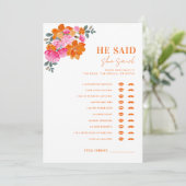 ピンクオレンジ彼は彼女はブライダルシャワーゲームを言った 招待状 (スタンド正面)