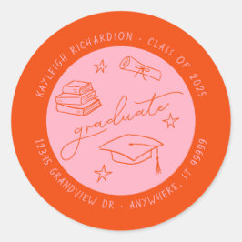 ピンクオレンジ手描き大学院封筒用シール ラウンドシール
