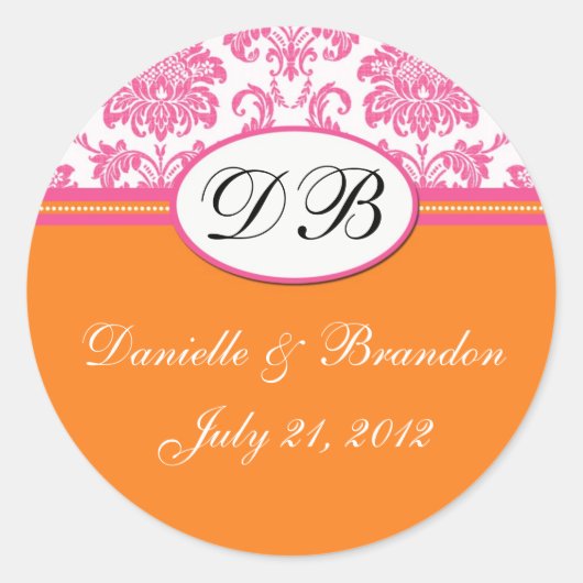 ピンクオレンジ結婚のモノグラムダマスクシール ラウンドシール (正面)