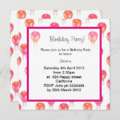 ピンクオレンジ色のバルーン誕生日パーティーの招待状 招待状 (正面/裏面)