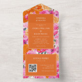 ピンクオレンジ色の水色フローラQRコード結婚s オールインワン招待状 (内側)