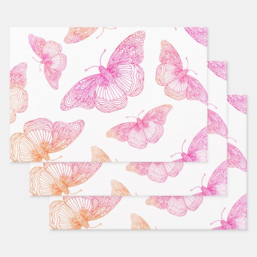 ピンクオレンジ色の蝶パターン ラッピングペーパーシート (セット)