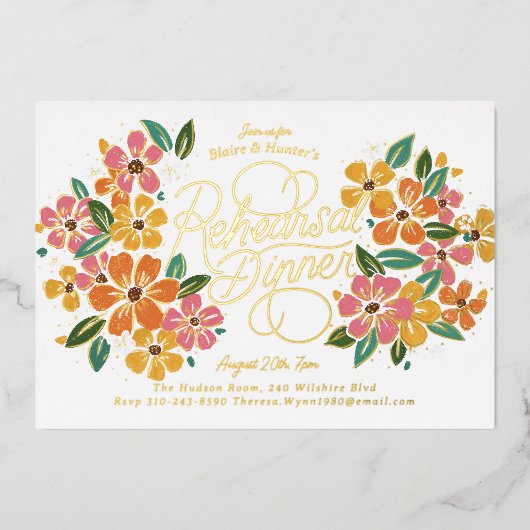 ピンクオレンジ花模様手文字リハーサルディナー 箔招待状 (正面)