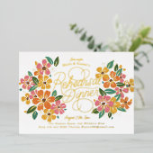 ピンクオレンジ花模様手文字リハーサルディナー 箔招待状 (立ち正面)