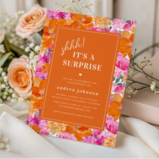 ピンクオレンジ鮮やかガーデンサプライズ誕生日パーティー 招待状
