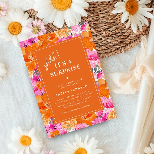 ピンクオレンジ鮮やかガーデンサプライズ誕生日パーティー 招待状