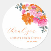 ピンクオレンジ鮮やかフローラブライダルシャワーありがとう ラウンドシール (正面)