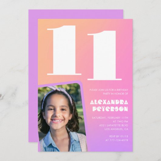 ピンクオレンジ11th誕生日招待状レトロ 招待状 (正面/裏面)