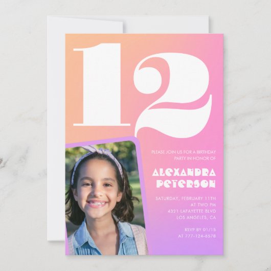 ピンクオレンジ12th誕生日招待状レトロ 招待状 (正面)