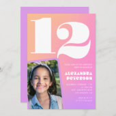 ピンクオレンジ12th誕生日招待状レトロ 招待状 (正面/裏面)