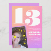 ピンクオレンジ13th誕生日招待状レトロ 招待状 (正面/裏面)