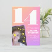 ピンクオレンジ14th誕生日招待状レトロ 招待状 (スタンド正面)