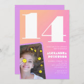 ピンクオレンジ14th誕生日招待状レトロ 招待状 (正面/裏面)