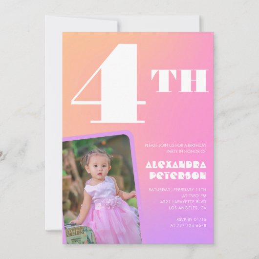 ピンクオレンジ4歳の誕生日招待状 女の子の写真 招待状 (正面)