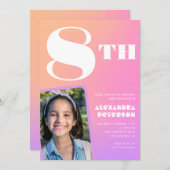 ピンクオレンジ8th誕生日招待状ガールフォト 招待状 (正面/裏面)