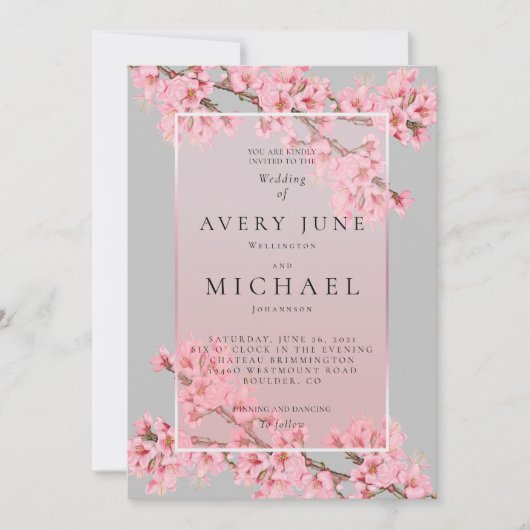 ピンクオングレーさくらんぼブロッサム結婚式招待状 招待状 (正面)