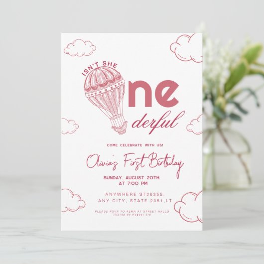ピンクオンダーフル熱気球ガール1st誕生日 招待状 (スタンド正面)