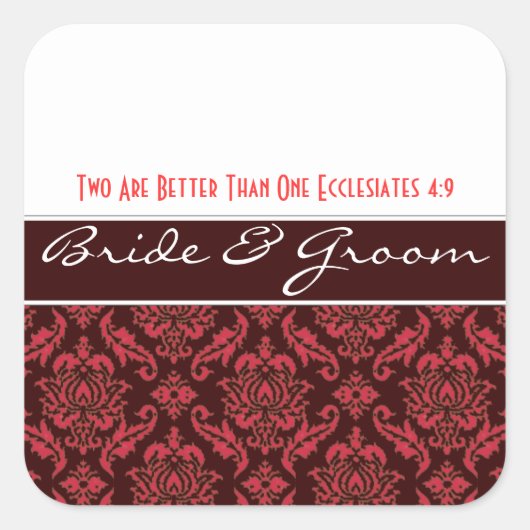 ピンクオンチョコレートダマスク結婚式のシール スクエアシール (正面)