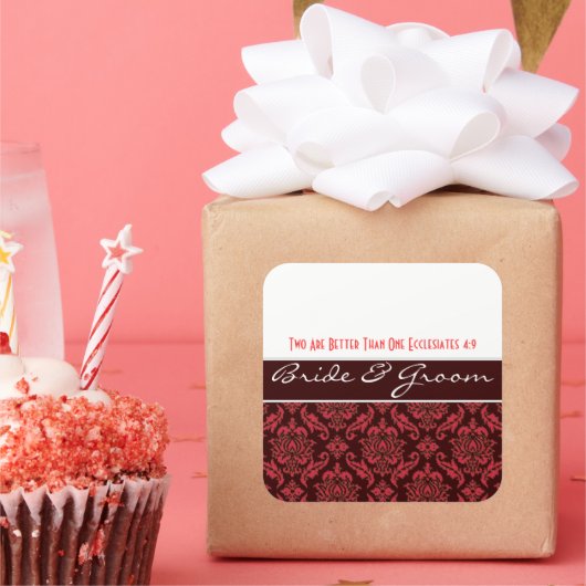 ピンクオンチョコレートダマスク結婚式のシール スクエアシール (パーティー)