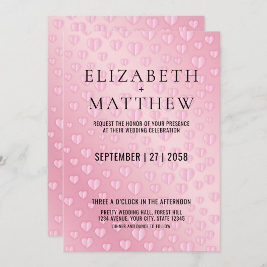 ピンクオンピンクハートスペックル招待状カードデザイン 案内状 (正面/裏面)