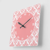 ピンクオンホワイトダマスク スクエア壁時計 (傾斜)