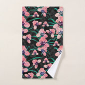 ピンクオーかわいらしキッドフラワー絵を描ブラックデザイン バスタオルセット (ハンドタオル)