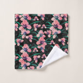 ピンクオーかわいらしキッドフラワー絵を描ブラックデザイン バスタオルセット (ウォッシュタオル)