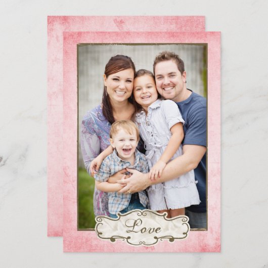 ピンクオーガニックのグランジ両面フォトホリデー シーズンカード (正面/裏面)