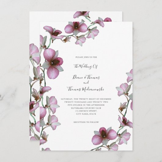 ピンクオーキッドつる植物結婚式招待状 招待状 (正面/裏面)