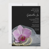 ピンクオーキッドとパールオンブラックブライダルシャワー 招待状 (正面)