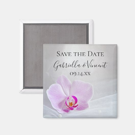 ピンクオーキッドとブライダルベール結婚式の日付を保存 マグネット (正面/裏面)
