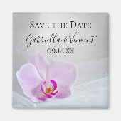 ピンクオーキッドとブライダルベール結婚式の日付を保存 マグネット (正面)