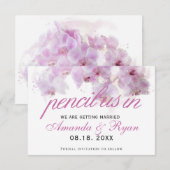 ピンクオーキッドウォーターカラーのラベルに結婚鉛筆 セーブザデート (正面/裏面)