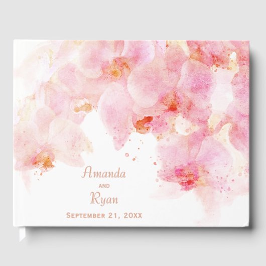 ピンクオーキッドウォーターカラーフラワー結婚ズ ゲストブック (正面)
