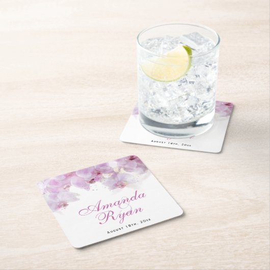 ピンクオーキッドウォーターカラーフラワー結婚ズ スクエアペーパーコースター (インサイチュ)